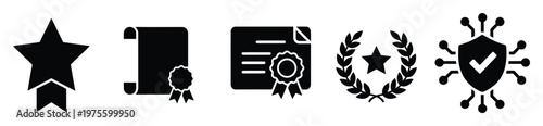 A collection of black silhouette icons representing achievement, awards, certificates, quality assurance, and digital security for use in applications, websites, and promotional materials.