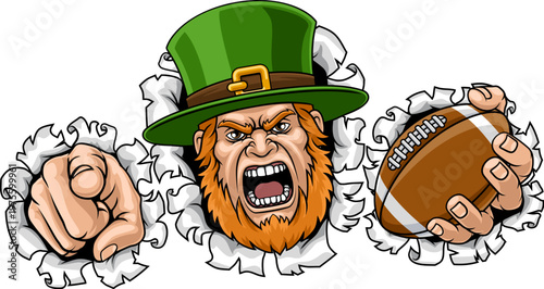An angry Leprechaun Celtic Irish cartoon character holding American Football ball and pointing sports team mascot illustration.