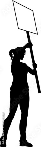 Protestor or demonstrator at a demonstration march, picket line or strike protest rally in silhouette. Holding up a banner or picket sign board placard.