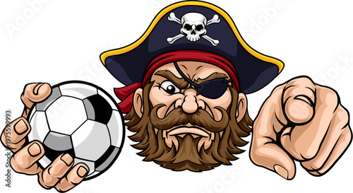 A Pirate man holding Soccer Football ball and pointing sports team cartoon charcater mascot illustration.
