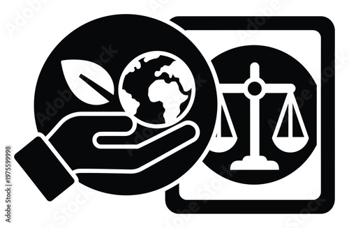 Environmental justice and sustainability law icon representing the balance between nature conservation and legal policies essential for ecofriendly governance applications