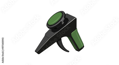 Close-up of a black and green handheld tagging gun or applicator with a trigger and a circular green top on a white background.