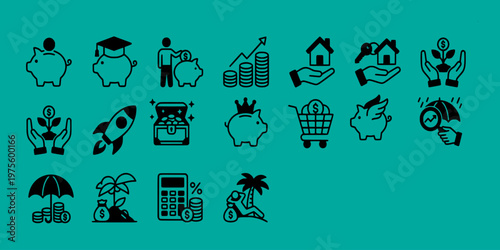 icon pack UI/UX of financial planning and personal investment featuring piggy banks, growth charts, real estate, insurance, and retirement savings.