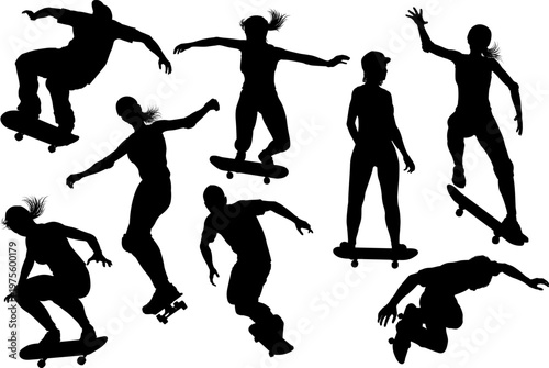 A set of skateboarders women and men or girls and boys, male and female skateboarders in silhouette.