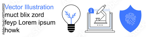 Innovation, technology, cybersecurity, scientific research, education, digital protection. Light bulb with a branch, microscope on a laptop shield with fingerprint. Innovation and technology concept