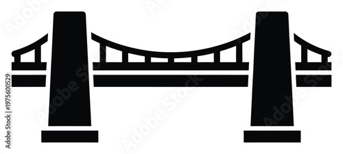 A simple black silhouette icon of a suspension bridge with two towers and a main deck connecting them, suitable for transportation, infrastructure, travel, or connection concept graphics.