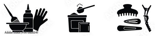 Comprehensive set of hair coloring and styling tools including mixing bowls, brushes, dye, gloves, bleach powder, and various hair clips for professional or home beauty treatments