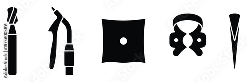 Essential dental instruments and tools including bur, handpiece, rubber dam, clamp, and wedge for modern dentistry, ideal for medical education, clinic promotion, and oral hygiene awareness