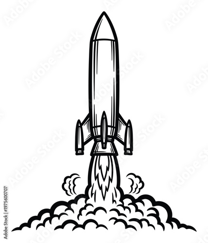Bold graphic of a powerful space rocket launching skyward with thick exhaust plumes, perfect for themes of progress, innovation, and ambition in science and technology presentations.