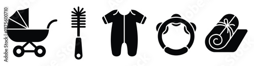Universal baby essentials glyph icons featuring stroller, bottle brush, sleepsuit, teether, and blanket suitable for infant product advertising, parenting education, and digital interfaces