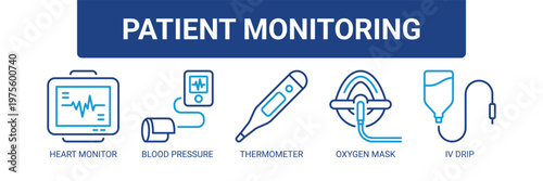 Patient Monitoring web banner icon vector illustration concept with icons of heart monitor, blood pressure monitor, thermometer, oxygen mask, and IV drip.