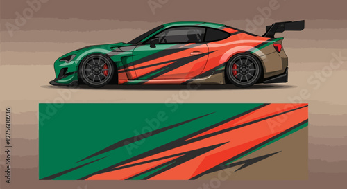Green sports car with orange stripe racing on a track beside a bold graphic banner and dramatic lighting.