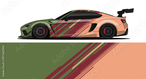 Stylish high performance sports car with bold racing stripes and side decals.
