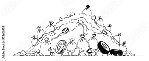 Continuous line drawing of a towering waste dump filled with garbage bags and discarded tires, perfect for environmental conservation initiatives and ecological impact presentations.
