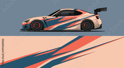Colorful race car with bold blue and red stripes on a pale blue background.
