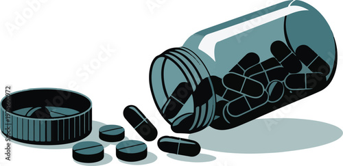 A bottle of pills has been knocked over on the table