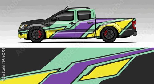 Colorful geometric wrap on a customized pickup truck with bold neon graphics.