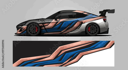 Sleek blue and orange racing car with bold wrap design and aerodynamic spoilers.