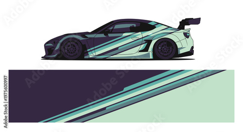 Stylized sports car graphic with teal and navy diagonal stripes and abstract design elements.