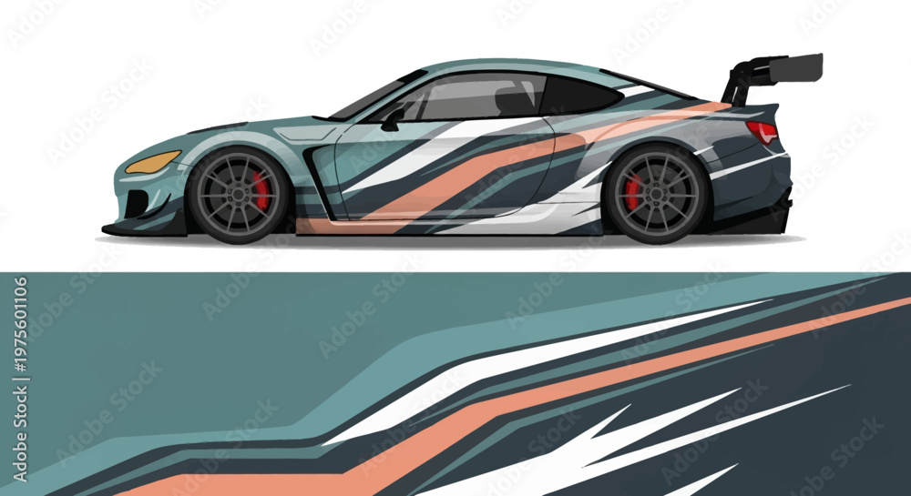 Obraz premium Vibrant Graphic Illustration of a Sleek Racing Car with Stripes and Dynamic Design Elements.