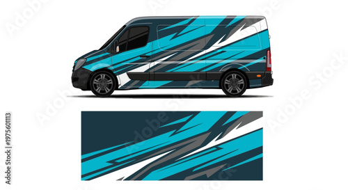 Modern blue graphic bus with diagonal stripes.