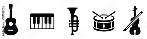 Unified selection of common musical instrument silhouettes including a guitar, keyboard, trumpet, drum, and violin, useful for music education, event promotion, and modern graphic media.