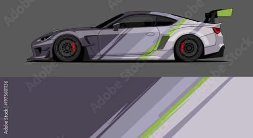 Stylized side view of a high performance race car with aerodynamic graphics and bold stripes.