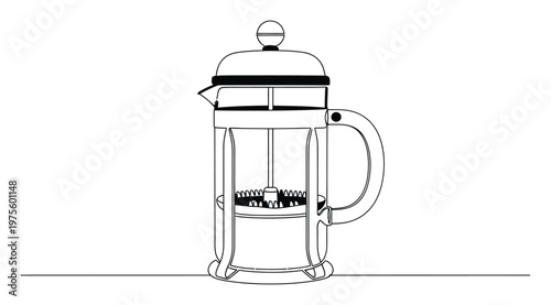 Modern line drawing of a classic French press coffee maker, perfect for culinary and kitchenthemed advertisements, restaurant menus, or home decor product listings.
