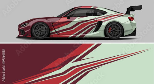 Sleek red and white racing sports car with bold graphics and dynamic stripe design.