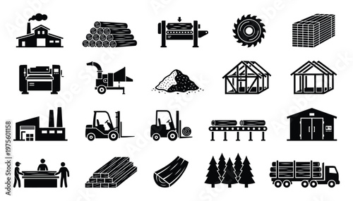 Timber and woodworking industry icons depicting logging, lumber production, and construction materials for graphic design resources and business applications