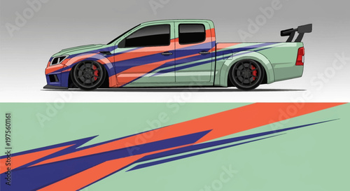 Colorful customized sports car with bold stripes and sleek modern design.