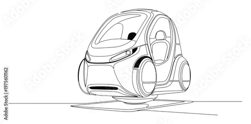 Futuristic electric car single line drawing depicting modern urban mobility solution for ecofriendly personal transportation, perfect for technology and automotive industry promotions