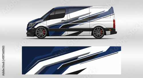 Sleek blue and white graphic coach side view showcasing modern transit design and dynamic stripes.