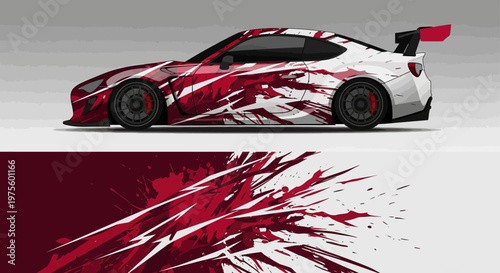 Sleek red and white race car with abstract paint streaks in dynamic side profile.