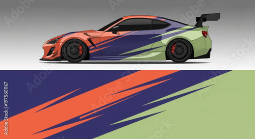 Dynamic color block sports car with bold abstract graphic design on body and spoiler.