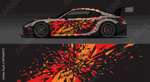 High speed race car with fiery flame livery and dynamic burst design on track.