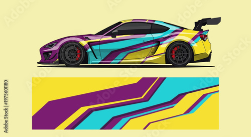 Vibrant colorful sports car with bold graphic stripes and yellow background, showcasing dynamic futuristic styling.