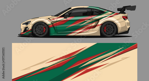 High speed race car with bold abstract livery and dynamic brushstroke design on vivid race vehicle.
