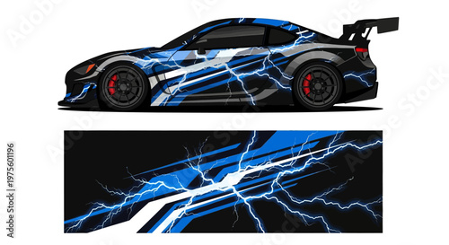 Sporty blue lightning decal sports car with dramatic electric design and aerodynamics.