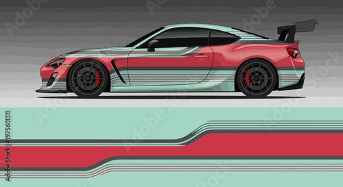 Stylized Red Sportscar Illustration on a Racing Track with Dynamic Stripes and Sleek Aerodynamic Design.
