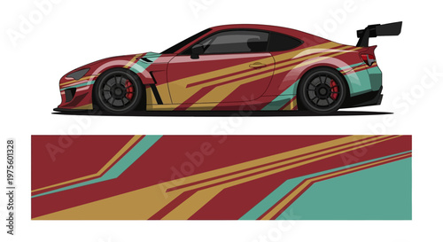 Sleek race car with bold red and gold geometric graphics along side profile.