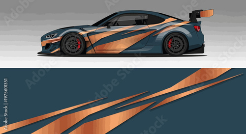 High-speed orange and blue racecar with dynamic aerodynamic graphics and sleek design.