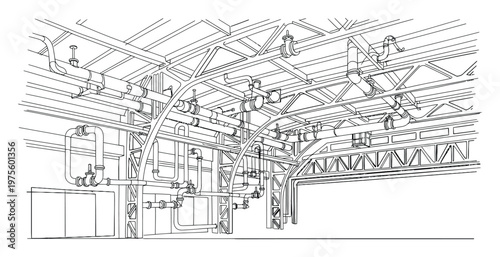 Industrial building interior blueprint showing complex network of pipes, structural beams, and mechanical systems for architectural planning, engineering analysis, or construction project