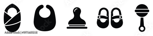 Black silhouette icons of essential baby items including a swaddled infant, feeding bib, bottle, soft shoes, and rattle, perfect for parenting resources and childrens product designs.
