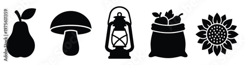 Versatile black silhouette icons featuring a pear, mushroom, classic lantern, fruit sack, and sunflower perfect for rustic designs, autumn themes, or natureinspired projects