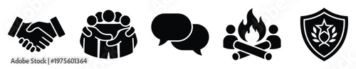 A versatile collection of black glyph icons illustrating fundamental concepts such as partnership, teamwork, dialogue, social gathering, and defense, suitable for corporate and public