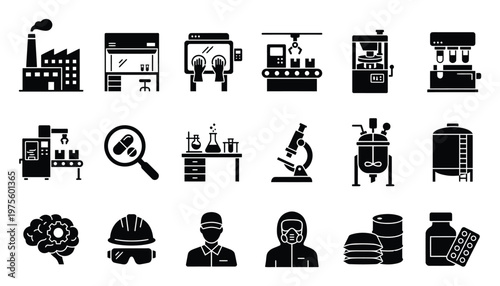 A comprehensive set of black glyph icons illustrating pharmaceutical manufacturing processes, laboratory research equipment, and industrial production facilities, perfect for health tech