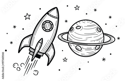 Black and white outline sketch of a rocket ship traveling through starry outer space towards a ringed planet suitable for educational applications and childrens content