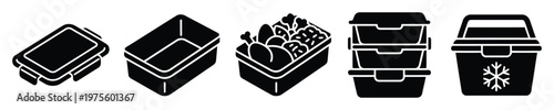 Food storage and transport containers glyph icon set featuring lunchboxes meal prep boxes and insulated coolers for packing provisions and keeping items fresh