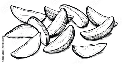 Handdrawn black and white sketch of potato wedges perfect for culinary art, recipe illustrations, food packaging, and restaurant menu graphics.